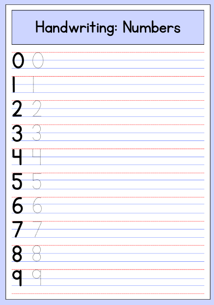 Handwriting Numbers Worksheet in Blue Red Lined Style