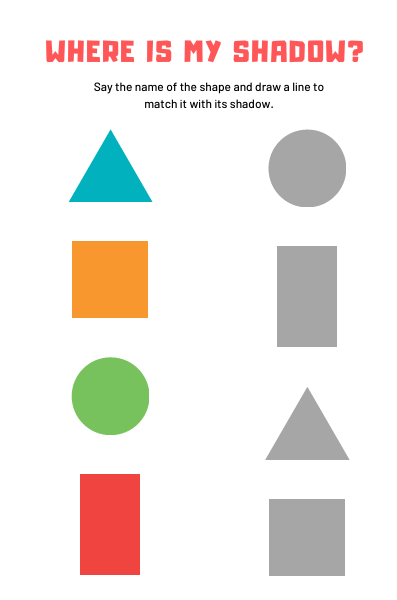 Matching the shapes with their shadows exercise - Worksheet for 4 year olds