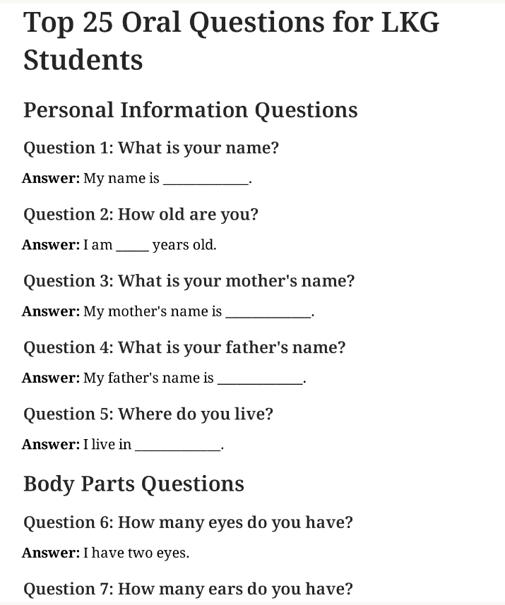 25 Oral Questions and Answers for LKG Kids
